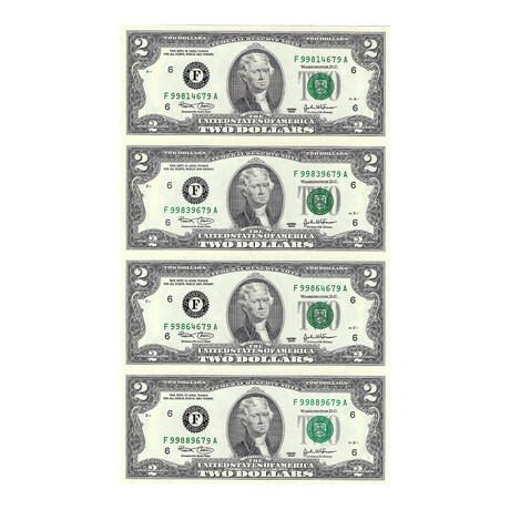 2003 $2 Federal Reserve Banknotes // Uncut Sheet of 4 Unissued Notes