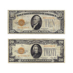 1928 Small Size Gold Certificate // Set of 2 // $10 & $20 Denominations // Deluxe Collector's Pouch