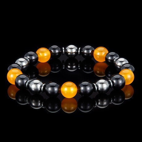 Yellow Agate + Onyx + Magnetic Hematite Stone Stretch Bracelet // 8.5"