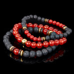 Red Agate + Gold Plated Hematite + Lava + Wood Bead Stretch Bracelets // Set of 3 // 8"