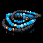 Blue Banded Agate + Gold Plated Hematite + Lava + Wood Bead Stretch Bracelets // Set of 3 // 8"