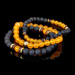Yellow Agate + Gold Plated Hematite + Lava + Wood Bead Stretch Bracelets // Set of 3 // 8"