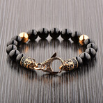 Onyx Stone + Gold Plated Steel Beads + Antiqued Steel Clasp Bracelet // 8.5"