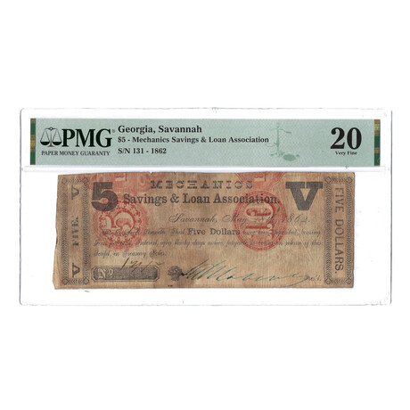 1862 $5 Obsolete Bank Note // Savannah Georgia, Mechanics Savings & Loan // PMG Certified