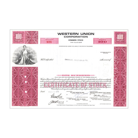 Western Union Stock Certificate // 100 Shares // Pink // 1970s