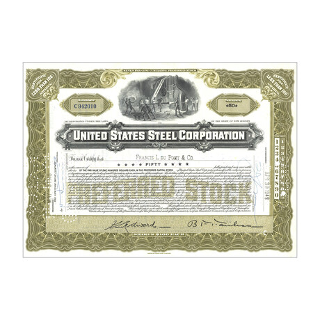 United States Steel Corp. Stock Certificate // 1-99 Shares // Green // 1940s