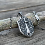Knight Sword + Shield Necklace // Silver (20")