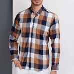 Checkered Button Up // Blue + White + Brown (M)
