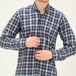 Plaid Button Up // Navy Blue + Light Green + Whiite (S)