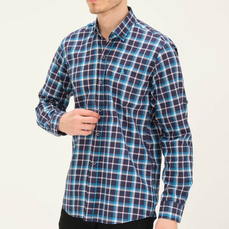 Plaid Button Up // Navy Blue + Blue + Whiite (S)
