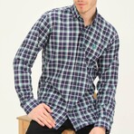 Plaid Button Up // Navy Blue + Light Green + Whiite (S)