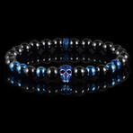 Blue Plated Stainless Steel Skull + Polished Onyx Stone Stretch Bracelet // 8"
