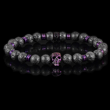 Purple Plated Steel Skull + Lava Stone Stretch Bracelet // 8.5"
