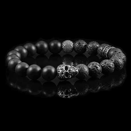 Steel Skull + Lava + Matte Onyx Stone Stretch Bracelet // 8.25"