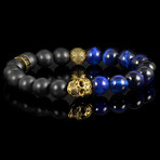 Gold Plated Steel Skull + Blue Tiger Eye + Matte Onyx Stone Stretch Bracelet // 7.75"