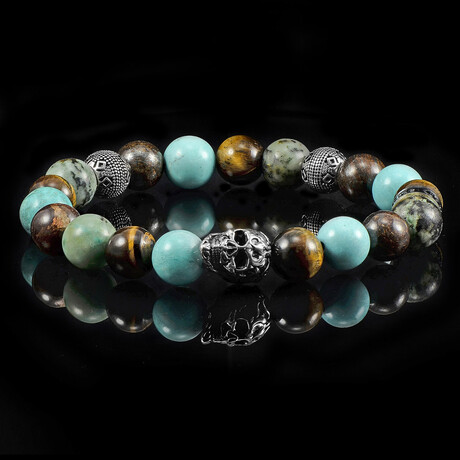 Turquoise + African Turquoise + Tiger Eye + Bronzite Stone Stretch Bracelet // 8"
