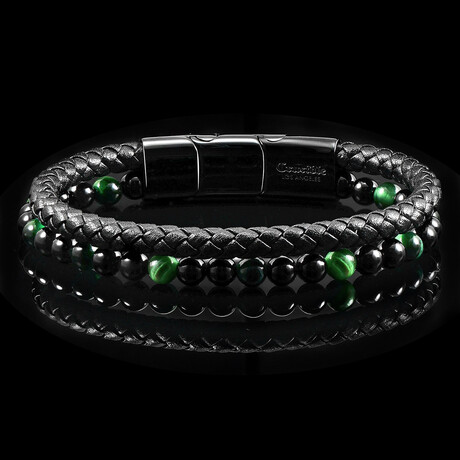 Green Tiger Eye + Onyx Stone + Layered Leather Cuff Bracelet // 8.75"