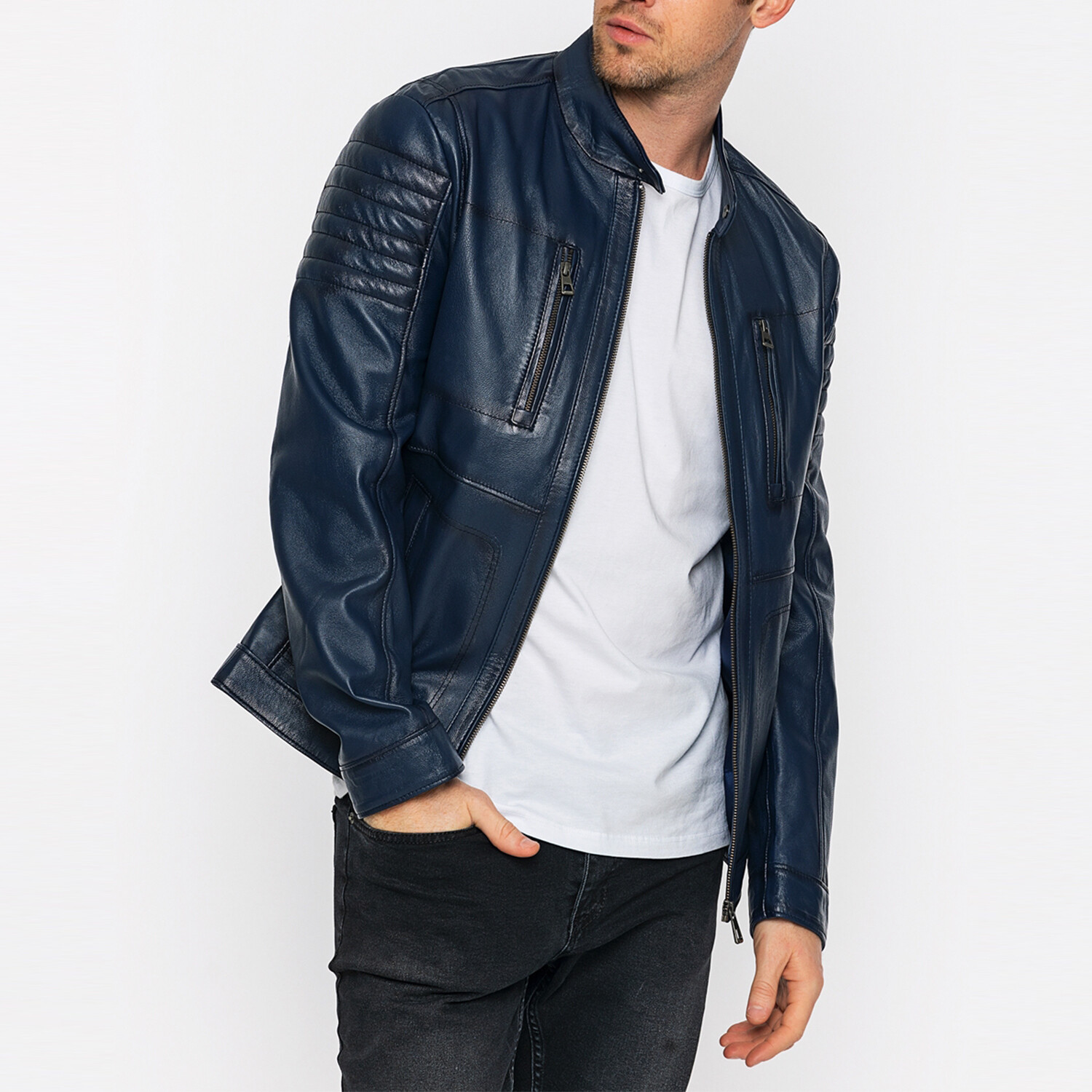 Ryder Leather Jacket // Dark Blue (3XL) - Basics&More Leather Jackets ...