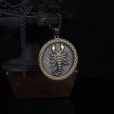 Rhodium Plated Scorpion Medallion // Gold + Black