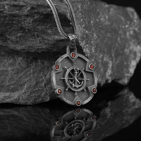 Anchor and Wheel Necklace // Oxidized Silver + Red