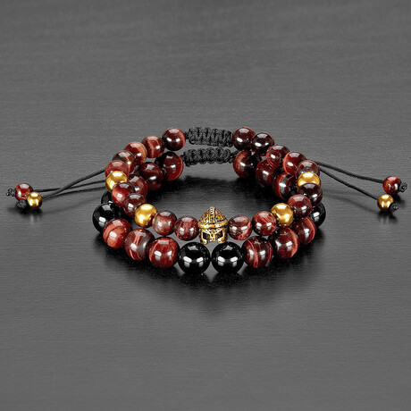 Red Tiger Eye Stones + Onyx + Steel Spartan Head Adjustable Bracelets // Set of 2 // 8"