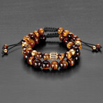 Tiger Eye Stones + Gold Plated Steel Beads Adjustable Bracelets // Set of 2 // 8"