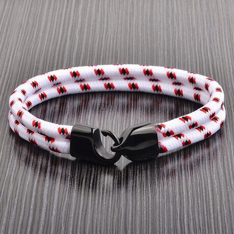 White + Red Nylon Paracord + Black Plated Stainless Steel Hook Clasp Cuff Bracelet // 8.5"