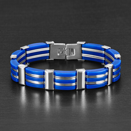 Blue Rubber + Stainless Steel Link Bracelet // 8.5"