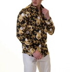 Skulls Reversible Cuff Long-Sleeve Button-Down Shirt // Black + White + Gold (L)