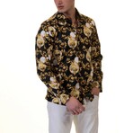 Skulls Reversible Cuff Long-Sleeve Button-Down Shirt // Black + White + Gold (XS)