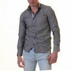 Checkered + Floral Reversible Cuff Long-Sleeve Button-Down Shirt // Black + White + Light Blue (M)