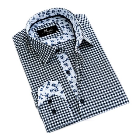 Checkered + Floral Reversible Cuff Long-Sleeve Button-Down Shirt // Black + White + Light Blue (S)