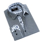 Checkered + Floral Reversible Cuff Long-Sleeve Button-Down Shirt // Black + White + Light Blue (M)