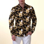 Skulls Reversible Cuff Long-Sleeve Button-Down Shirt // Black + White + Gold (S)