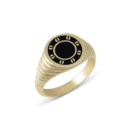 Solid 10k Yellow Gold Round + Black Enamel + Textured Sides Ring // Size 10