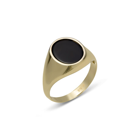 Solid 10k Yellow Gold Oval + Black Enamel + Shiny Signet Ring // Size 10.5