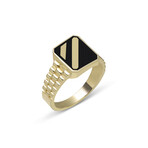 Solid 10k Yellow Gold + Rectangle Black Enamel + Railroad Sides Ring // Size 11