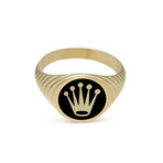 Solid 10k Yellow Gold Round + Black Enamel Crown + Textured Signet Ring // Size 10