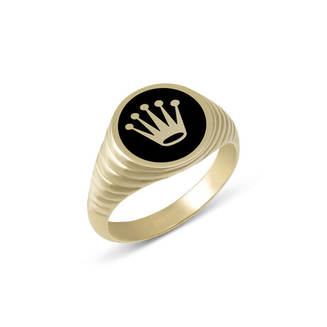 Solid 10k Yellow Gold Round + Black Enamel Crown + Textured Signet Ring // Size 10