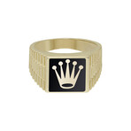 Solid 10k Yellow Gold Square + Black Enamel Crown + Railroad Sides Signet Ring // Size 10