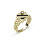 Solid 10k Yellow Gold Square + Black Enamel CZ + Railroad Sides Ring // Size 11