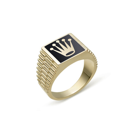 Solid 10k Yellow Gold Square + Black Enamel Crown + Railroad Sides Signet Ring // Size 10