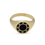 Solid 10k Yellow Gold Round + Black Enamel + Textured Sides Ring // Size 10