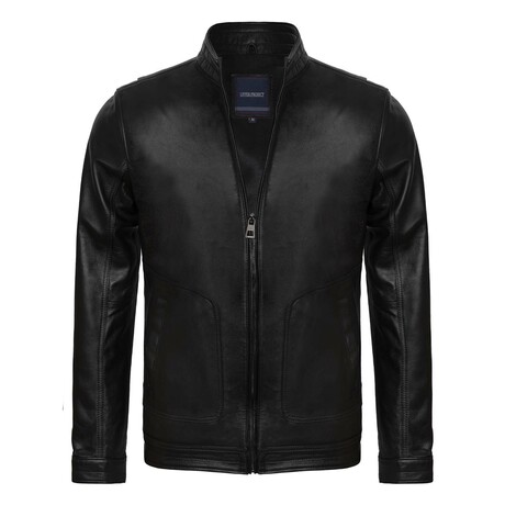 Slim Fit // Mock Neck Leather Jacket // Black (S)
