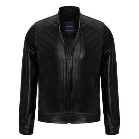 Regular Fit // Mock Neck Bomber Leather Jacket // Black (L)