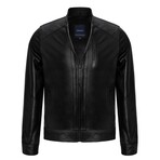 Regular Fit // Mock Neck Bomber Leather Jacket // Black (M)
