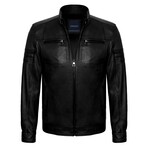 Slim Fit // Mock Neck Racer Leather Jacket  // Black (L)
