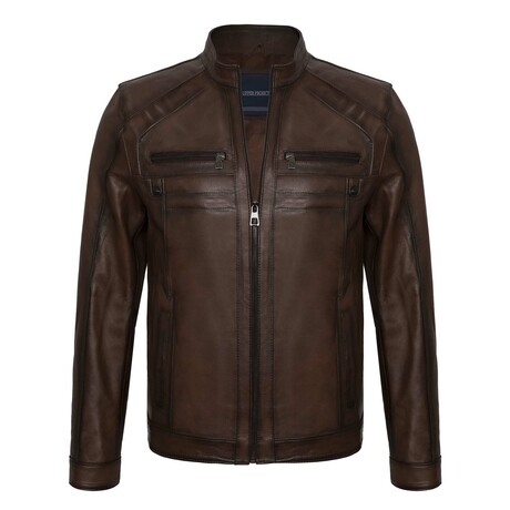 Regular Fit // Mock Neck Racer Leather Jacket // Chestnut (S)