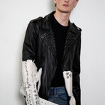 Hand-Painted Star Studded Leather Jacket // Black + White (M)