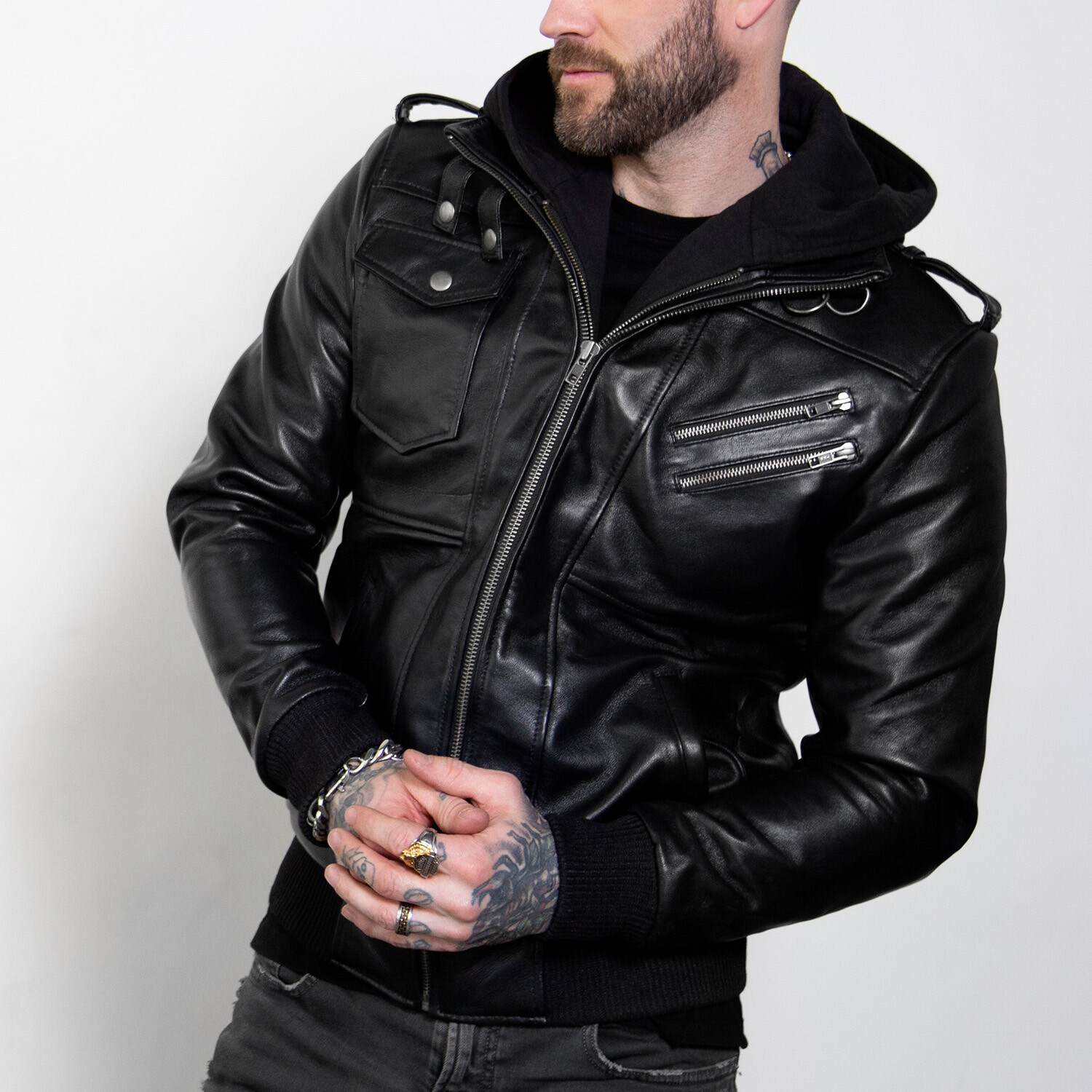 Luca Designs Mens Onyx Black Hooded Leather Jacket - 3XL / Real Leather